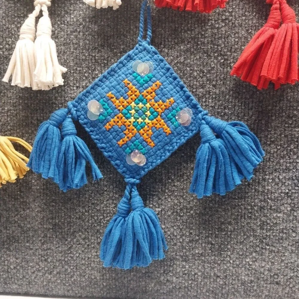 Vintage 70s Boho Yarn Wall Hanging Set of 4 Mini Tassel Folk Art Plaques 4